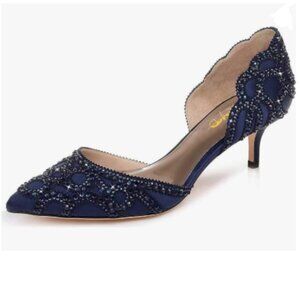 XYD Navy Pointed Toe D'Orsay Kitten Heel Rhinestone Studs Slip-On Satin Shoes